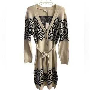 Lucky brand sweater dress black ivory midi 1/4 button up Large NWT